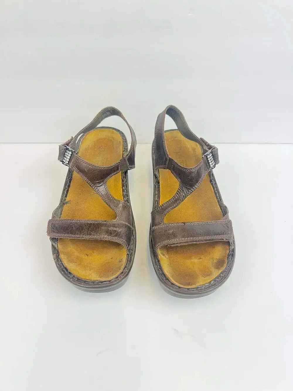 Naot Fado Brown Leather Slingback Wedge Sandals with Rhinestone Buckle Sz 8.5